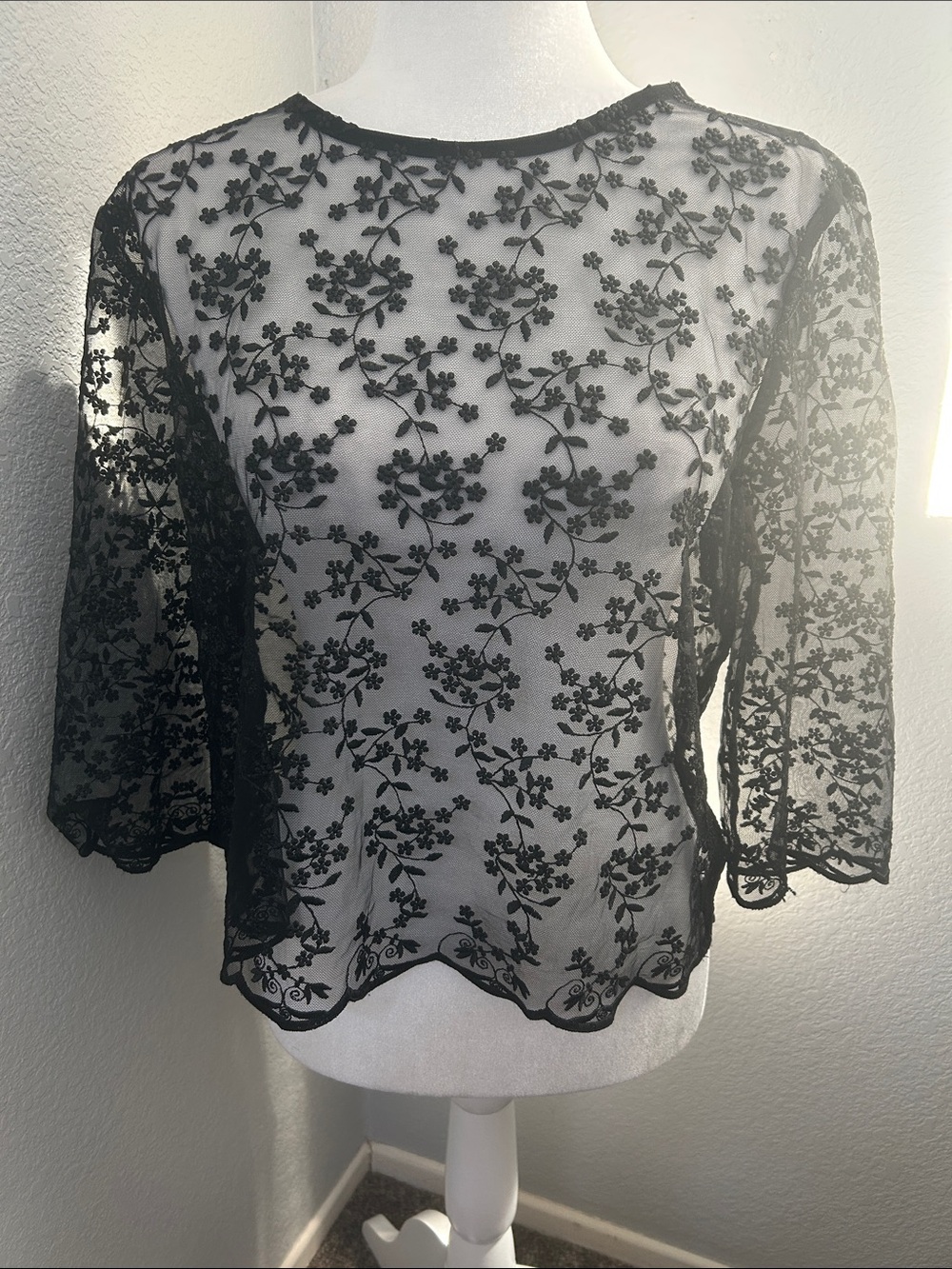Zara Black Floral Embroidered Sheer Blouse